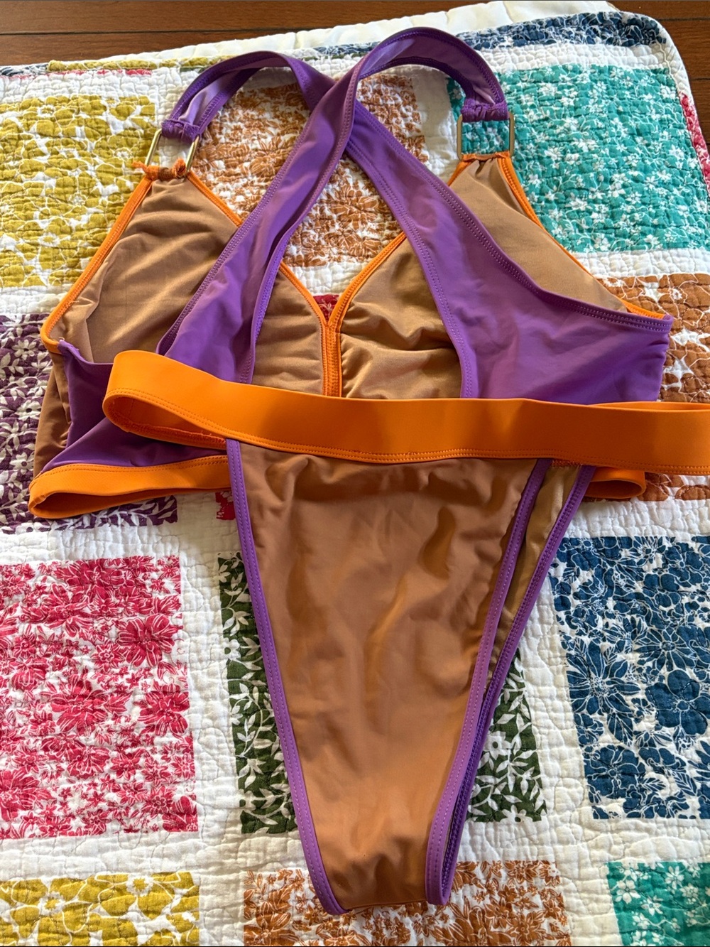 Colorblock Brown & Orange Beautiful, well made Two-Piece Bikini with Purple Trim - Picture 3 of 3